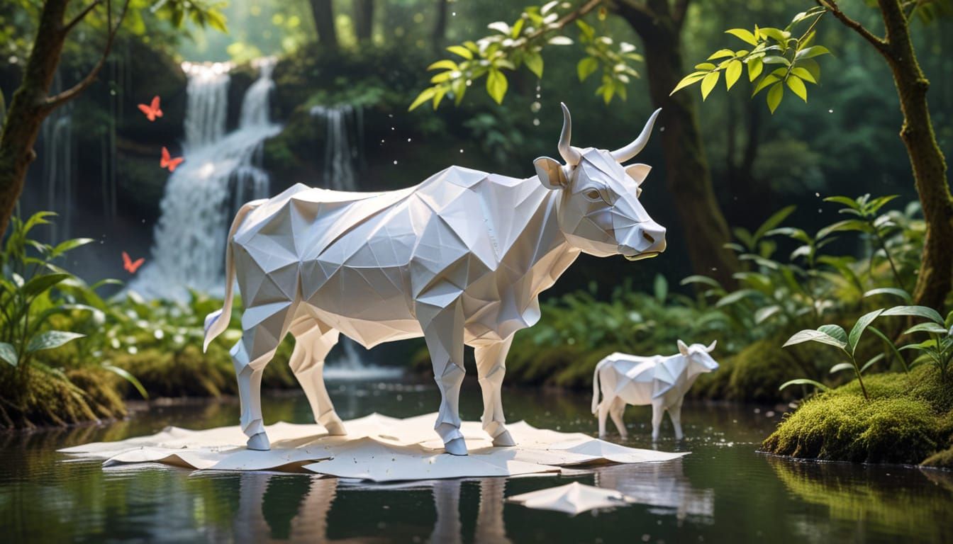 Origami Cow Drinking by Paper Waterfall