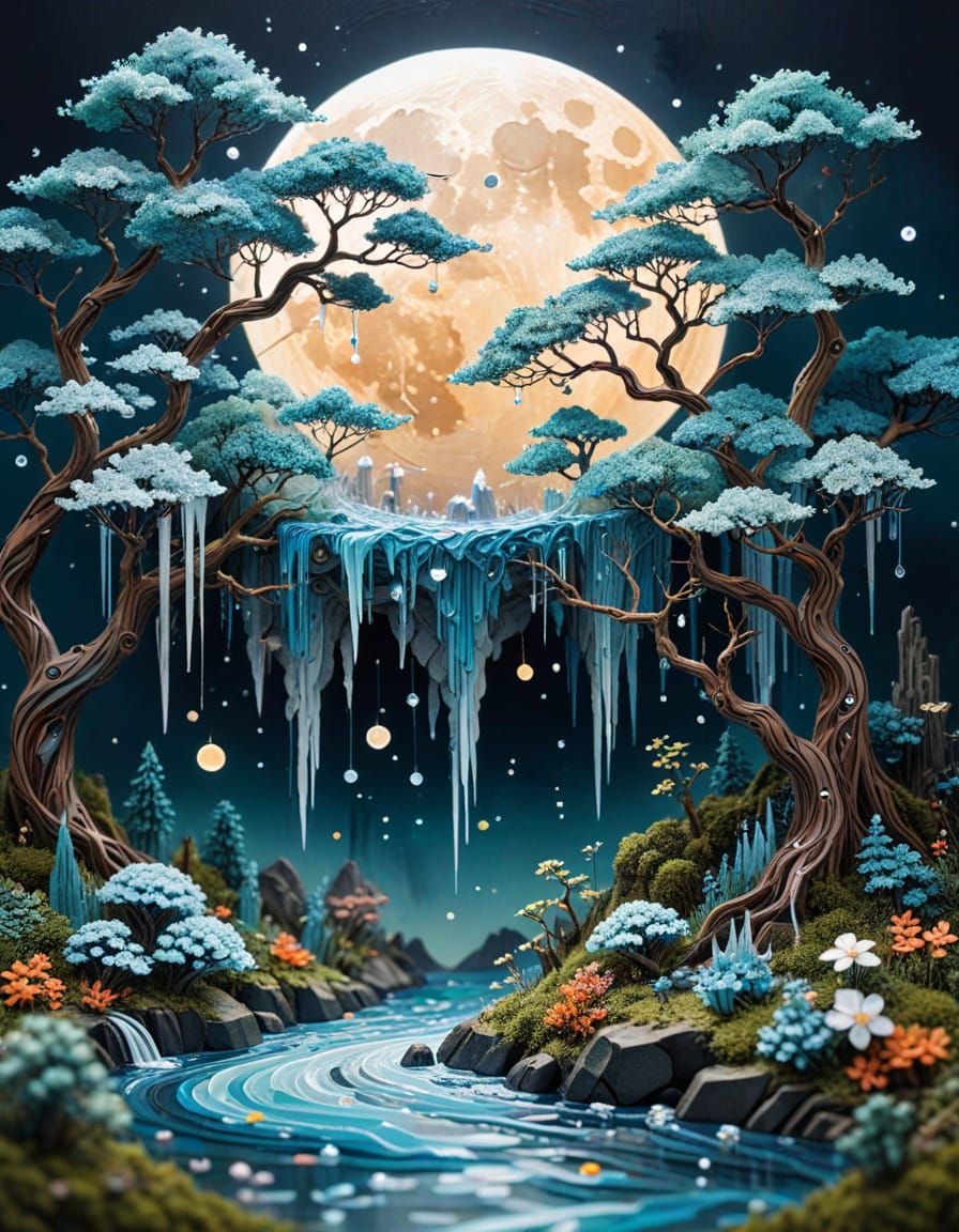 Whimsical Mosaic Moonlit Scene in Japanese Ink Style