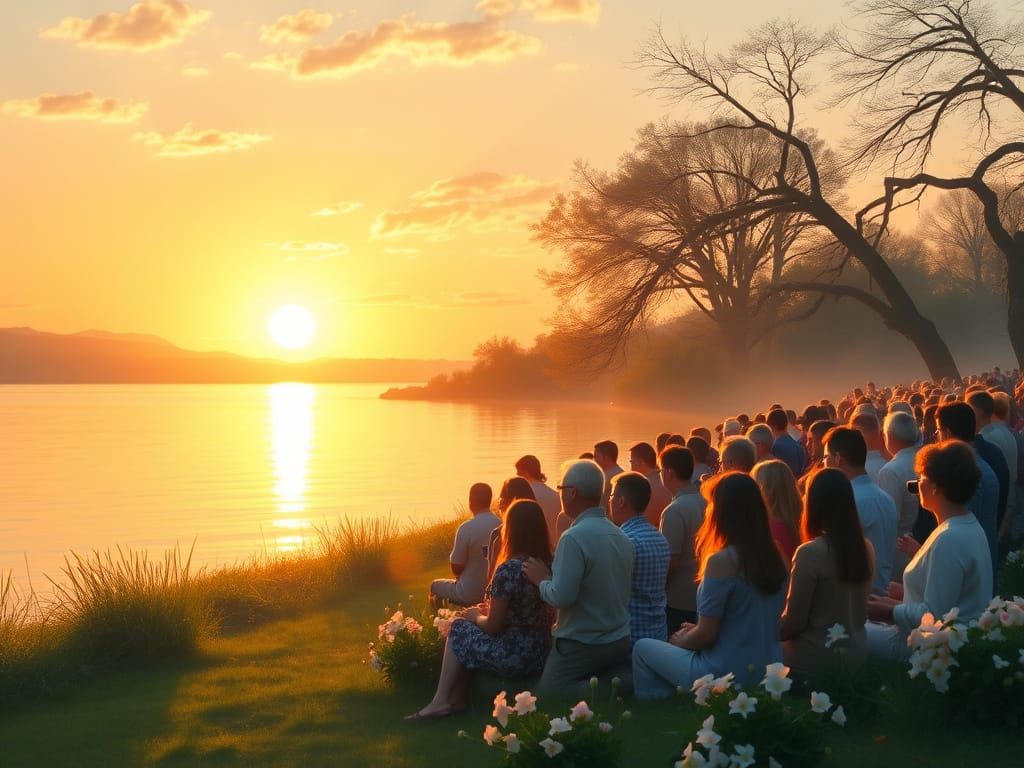 Easter Sunrise Service by Tranquil Lake in Impressionist Sty...