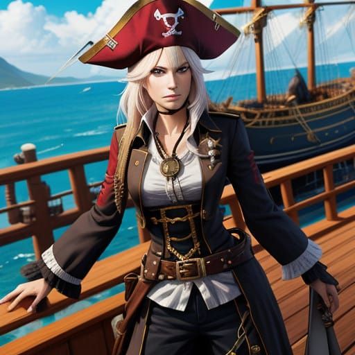 female pirate wearing a pirate hat standing on the deck of a...