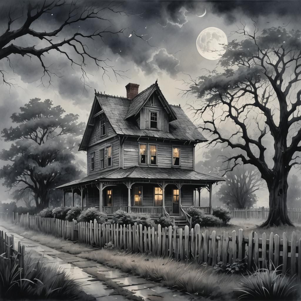 Monochromatic Old House in Ethereal Watercolor Style