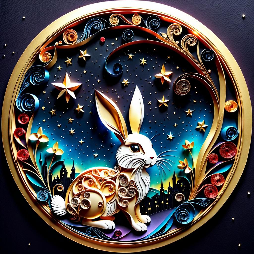 Quilled Paper Bunny with Gold Background in Surreal Style