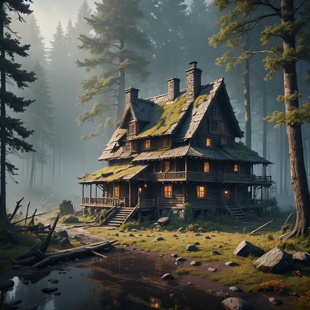 Foggy Cabin in the Woods: Detailed Matte Painting