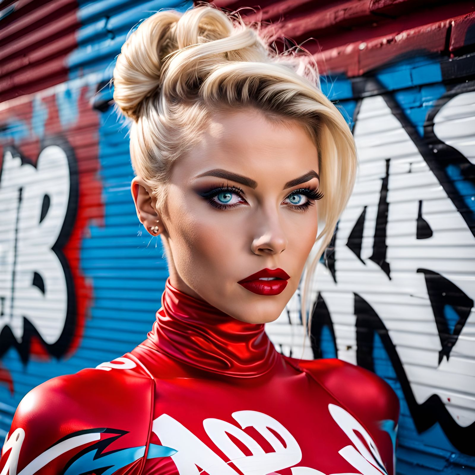 Blonde Woman in Red Bodysuit with Graffiti
