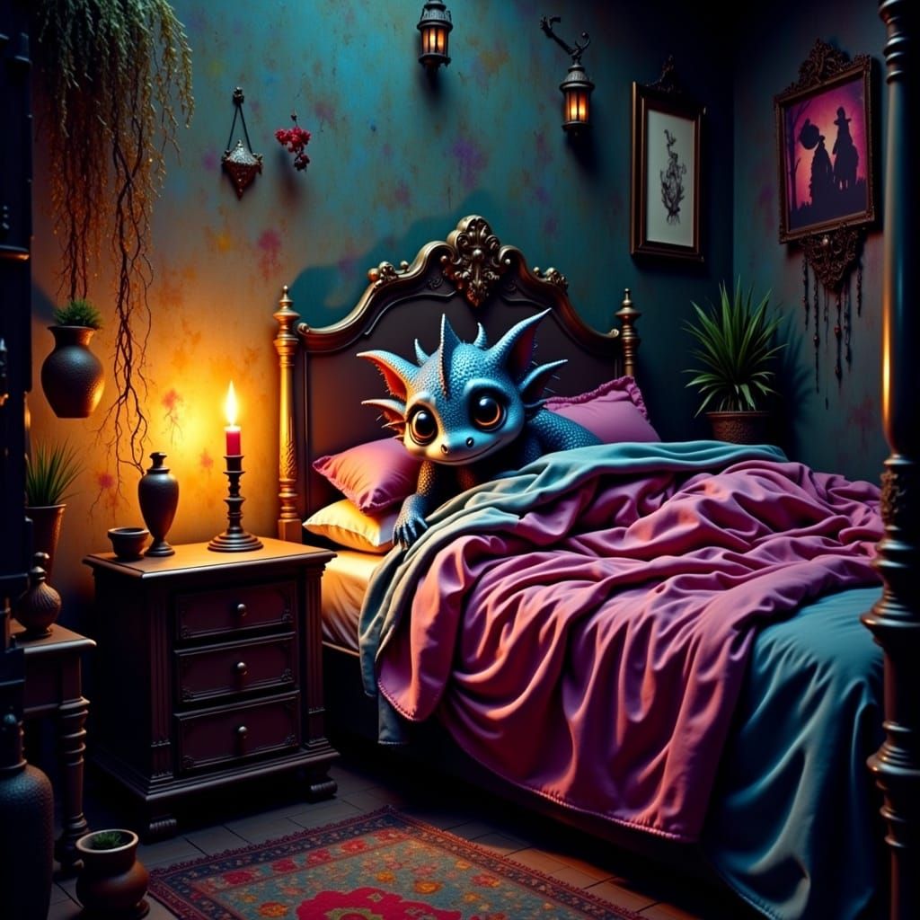 Terrified Chibi Dragon in Grunge Painterly Style