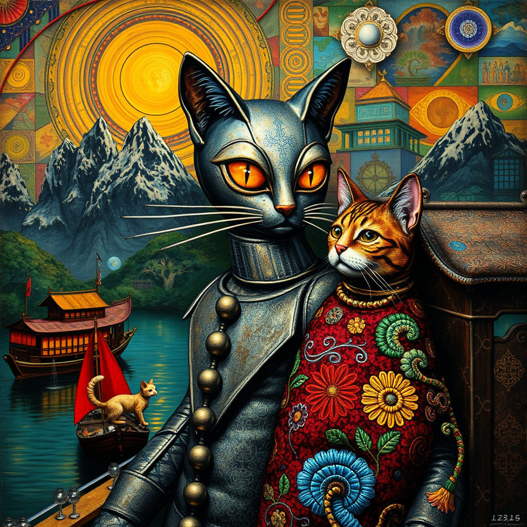 Synthwave Landscape with Girls, Klimt and Bosch Style