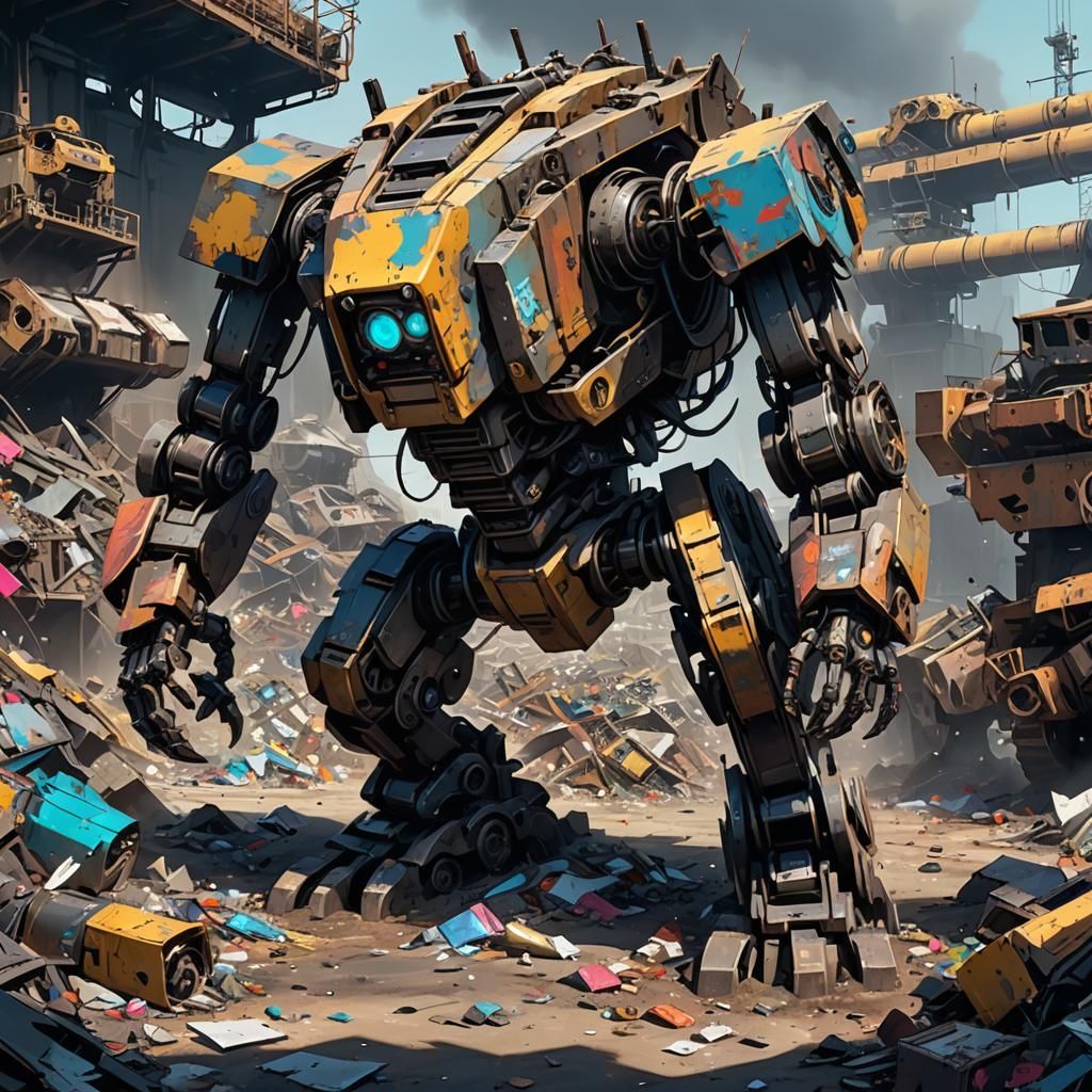 Waste-Eating Robot in Landfill: Cyberpunk Concept Art