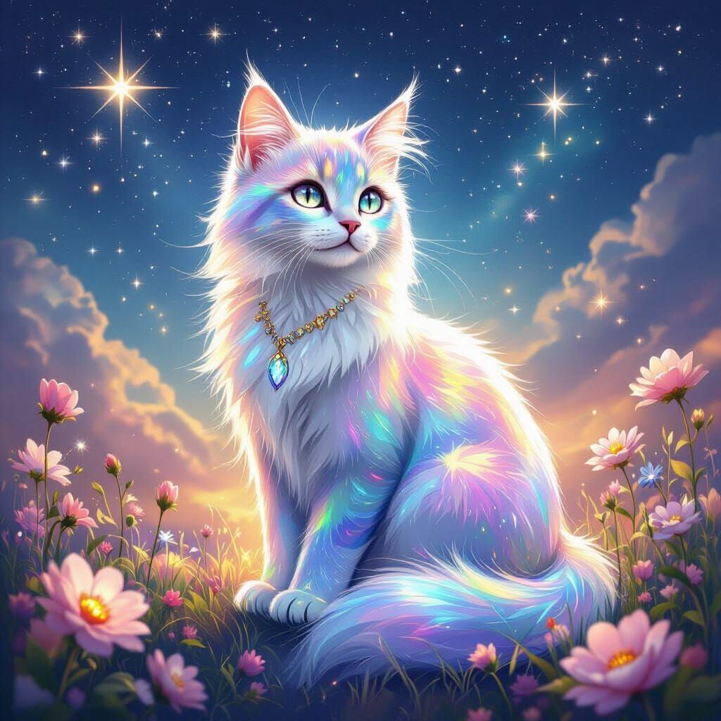 Rainbow Crystal Cat Under Starry Sky