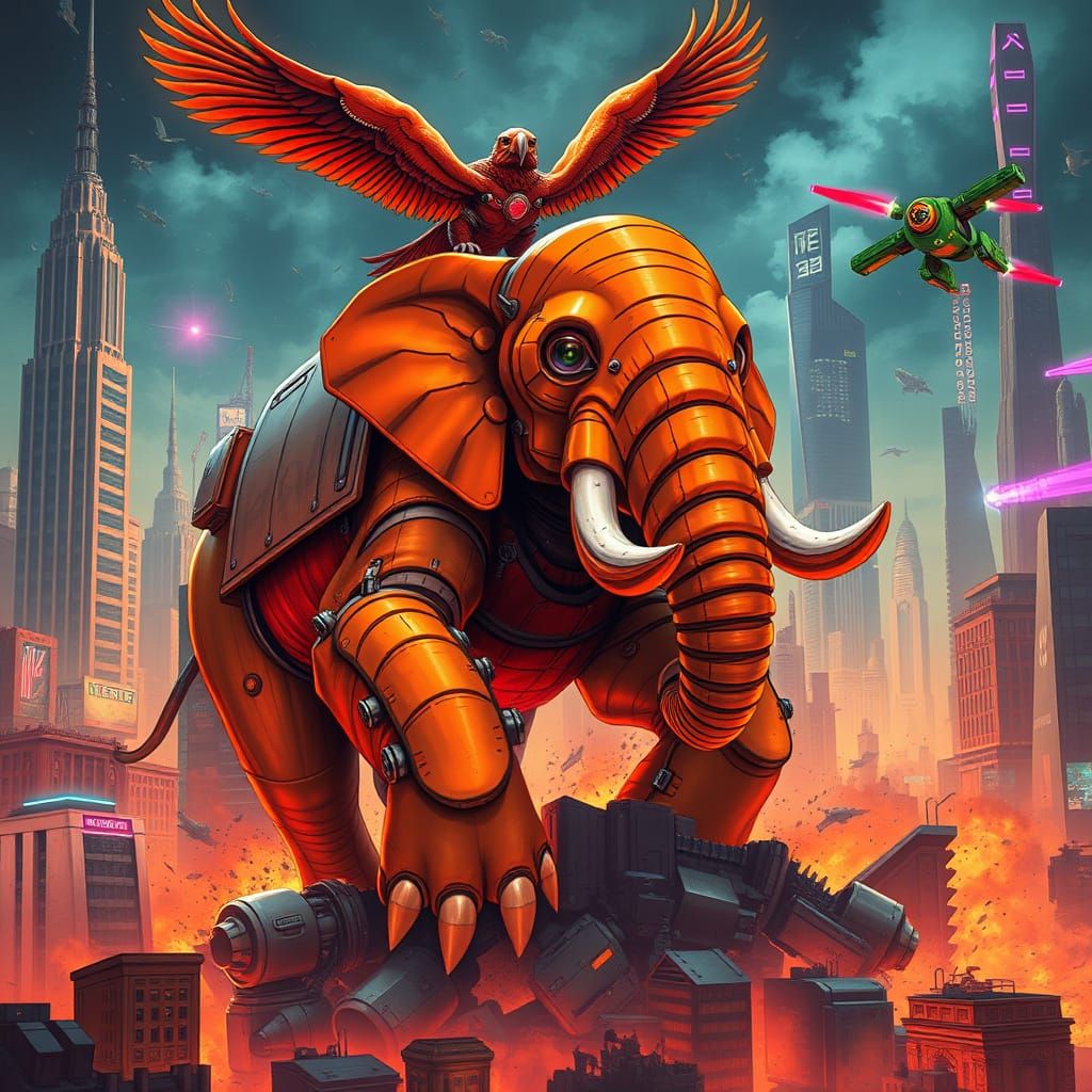 Armored Elephant Rampage in Futuristic Cityscape