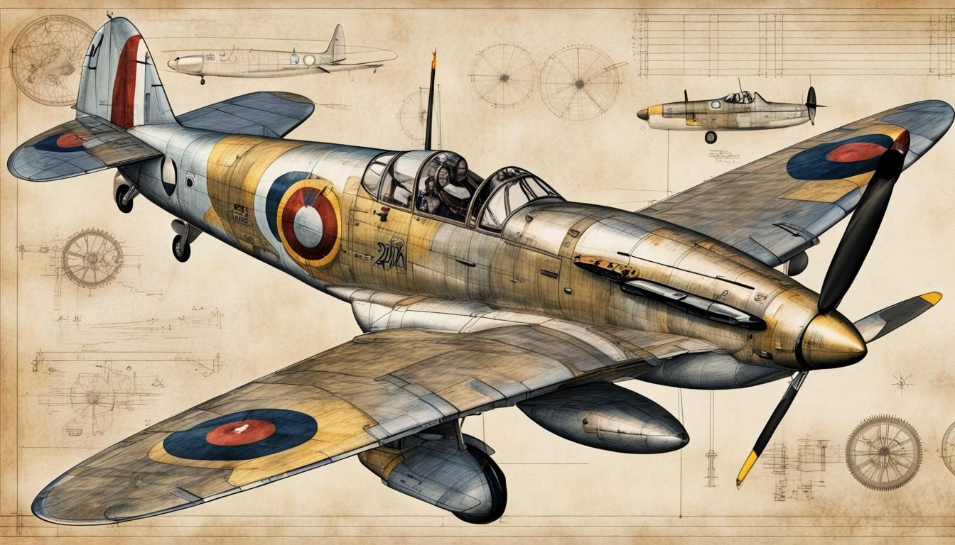 Steampunk Spitfire Blueprint in Precisionist Style