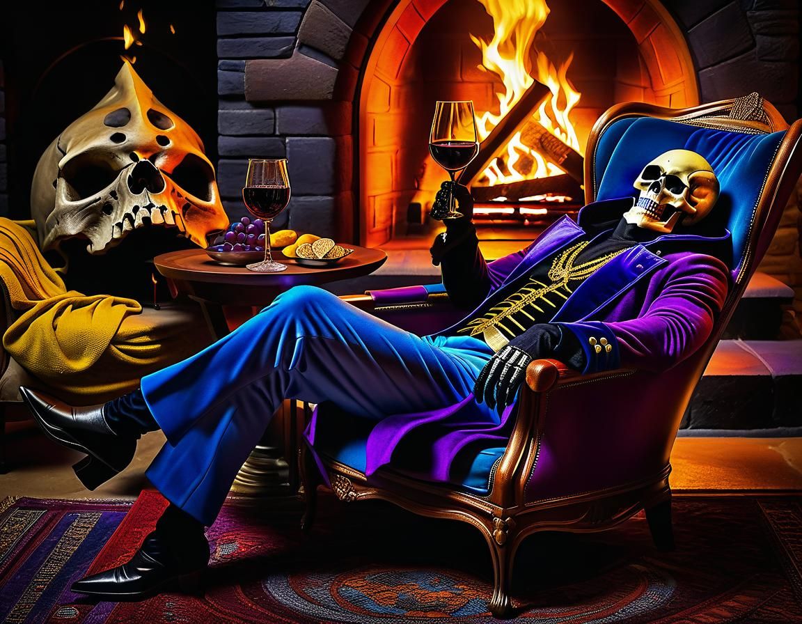 Skeletor Relaxes by Fireplace in Hyperrealism