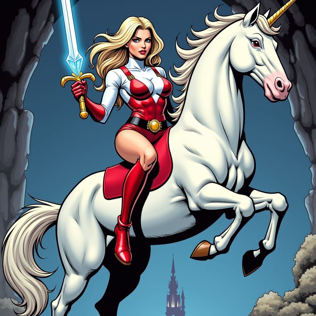 Comic Book Princess Adora Riding Unicorn in Fantasy Castle
