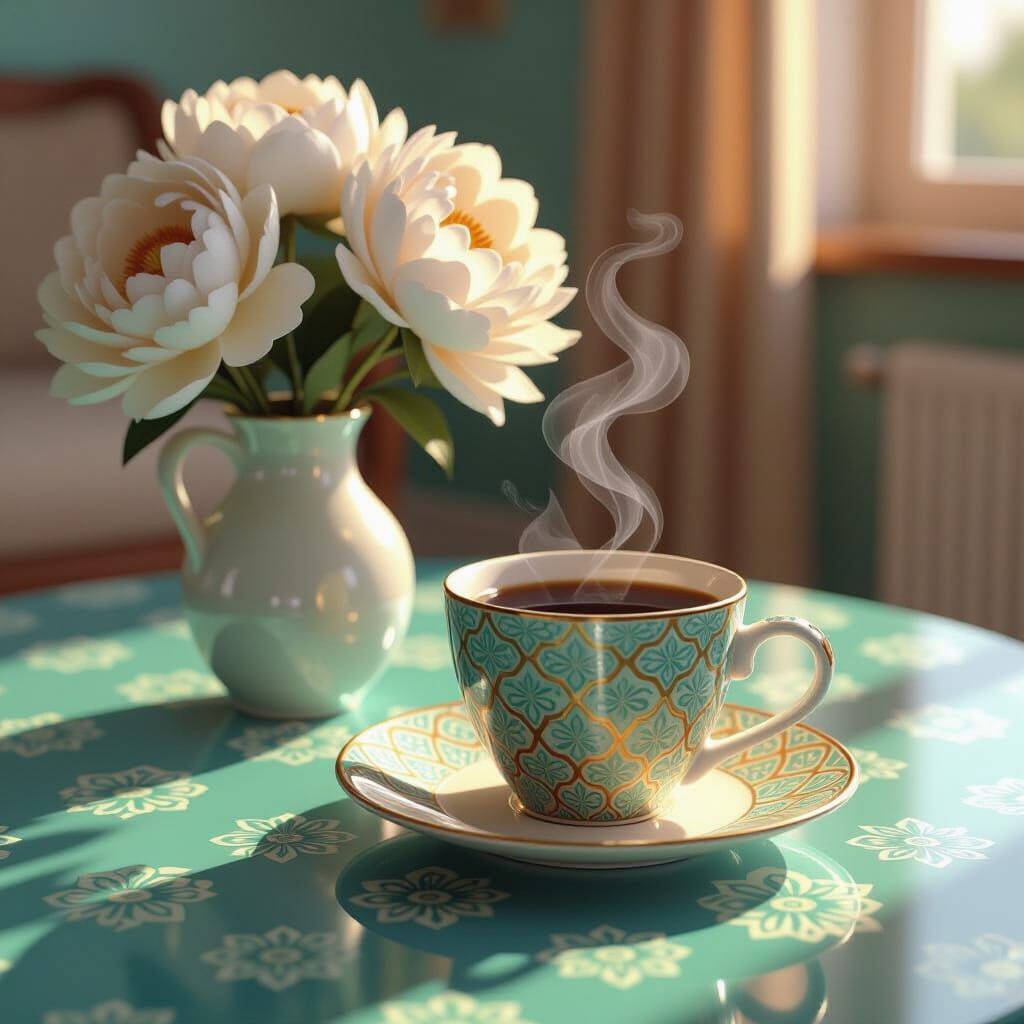 Coffee Cup & Peonies on Turquoise Table