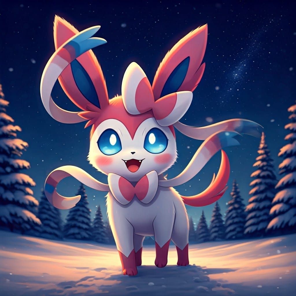 Cute Chibi Sylveon Walks on a Winter Night