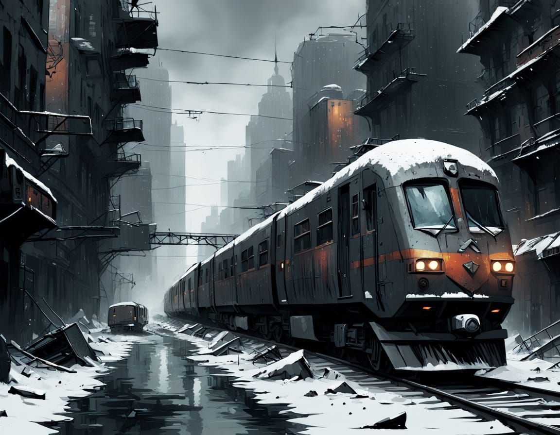 Futuristic Super Train in Post-Apocalyptic City Concept Art