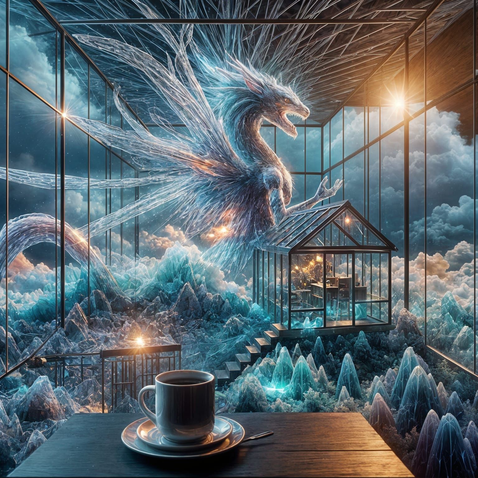 Fantastic Creature in Glass House with Coffee Mug