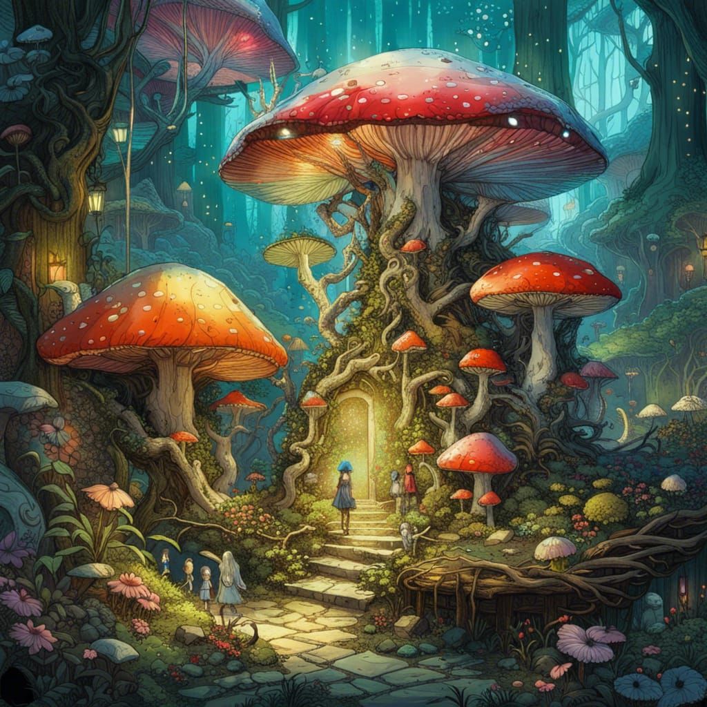 Glittering Faeries in a Toadstool Forest, Fantasy Masterpiec...