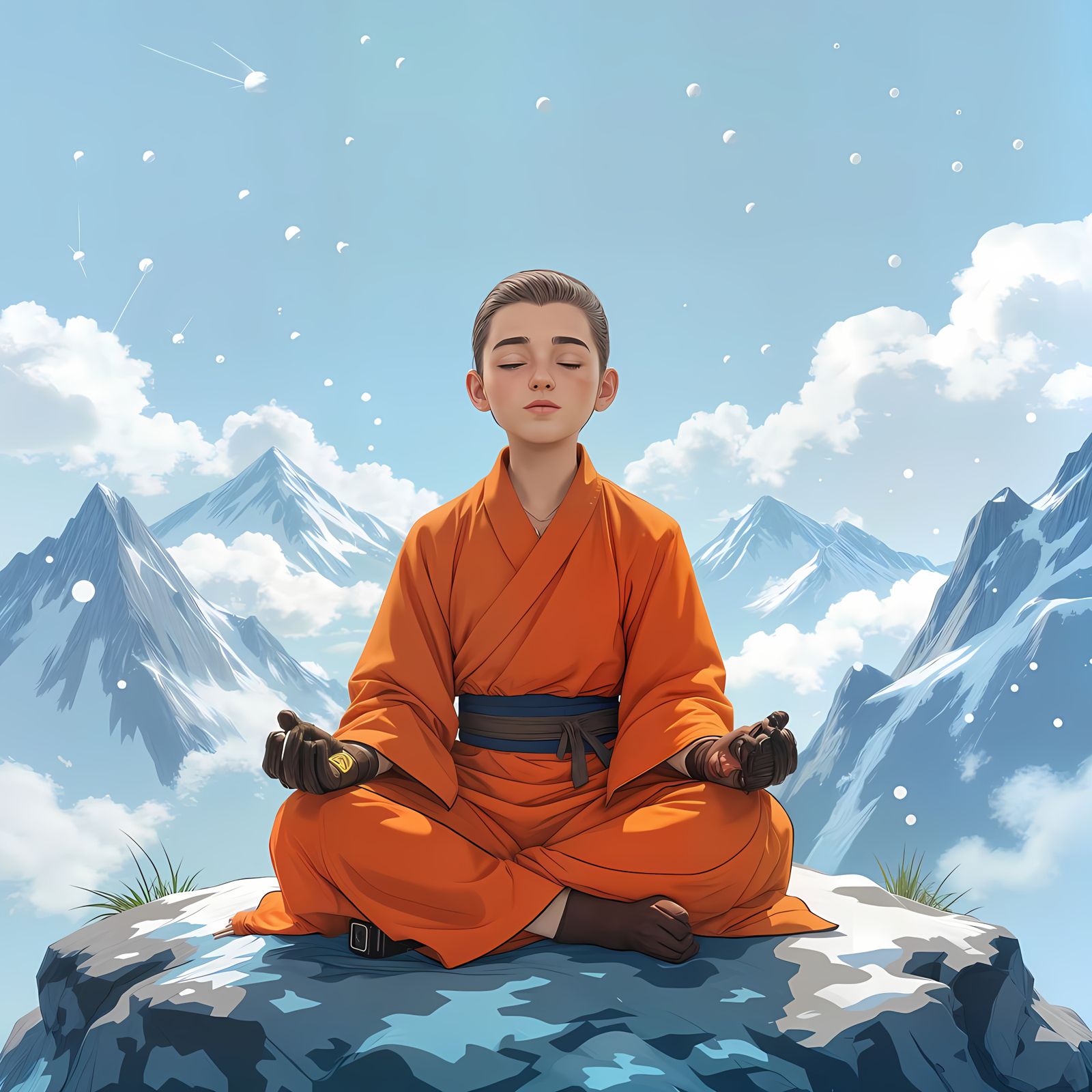 Meditating Boy on Mountain, Studio Ghibli Style