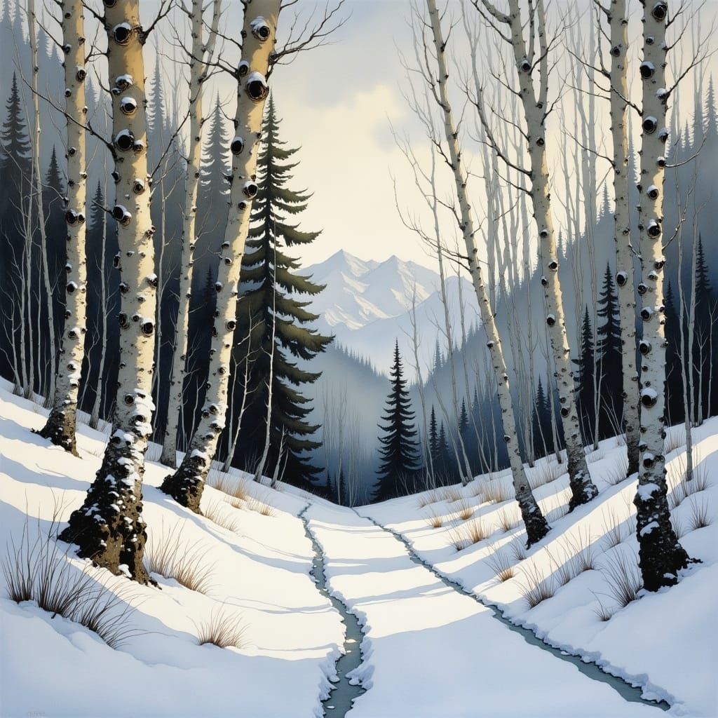 Winter Mountain Aspen and Pine Trees Landscape