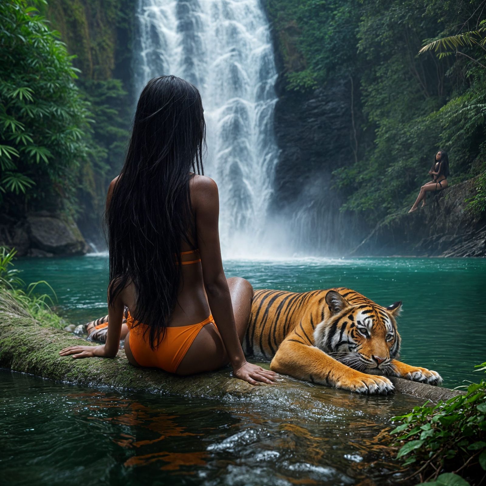 Sultry Goddess Surrounded by Tropical Oasis and Sleeping Tig...