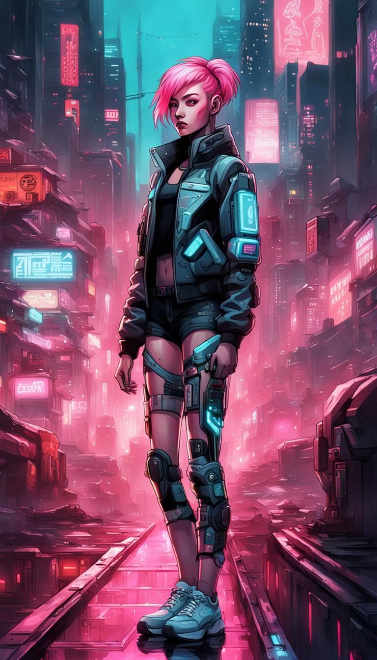 Girl of the future with pink hairs, futuristic design, elect...