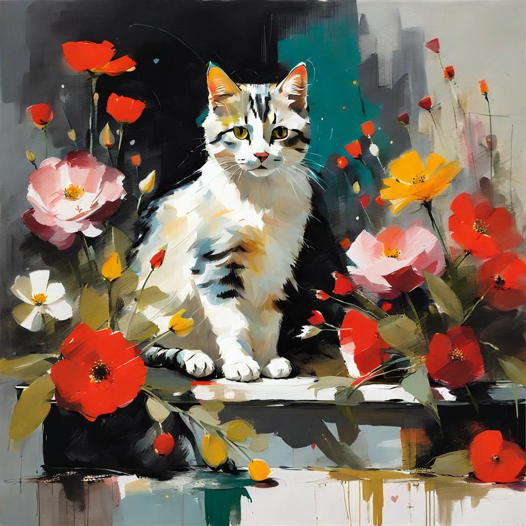 Cat on Pillow with Heart Lights as Contemporary Art