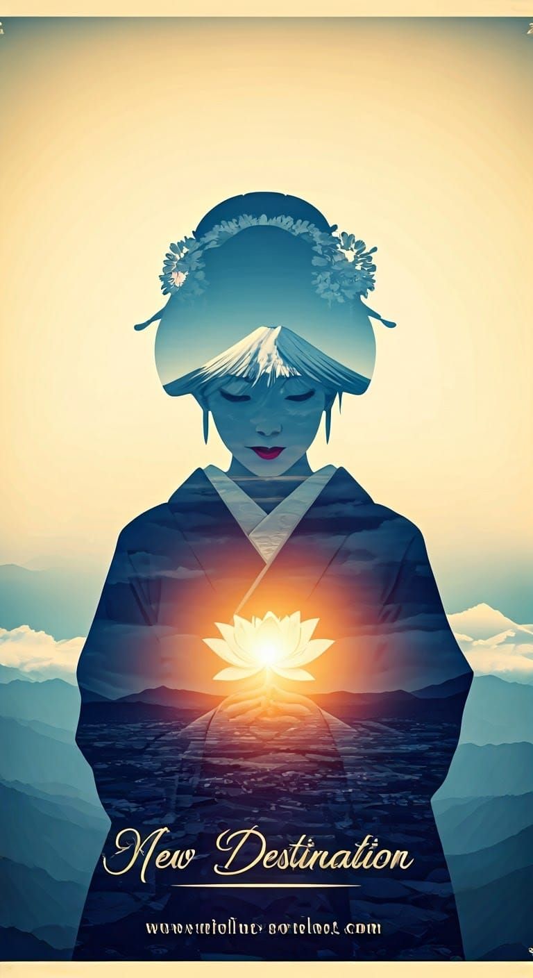 Vintage Travel Poster with Geisha and Mount Fuji