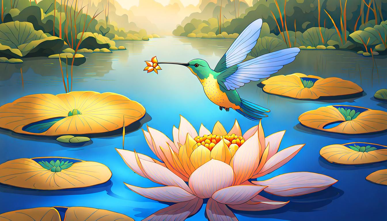 Golden Hummingbird on Blue Lotus, Anime Style