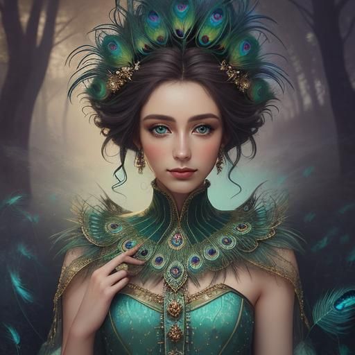 Ethereal Woman with Peacock Feathers in Oil Painting Style