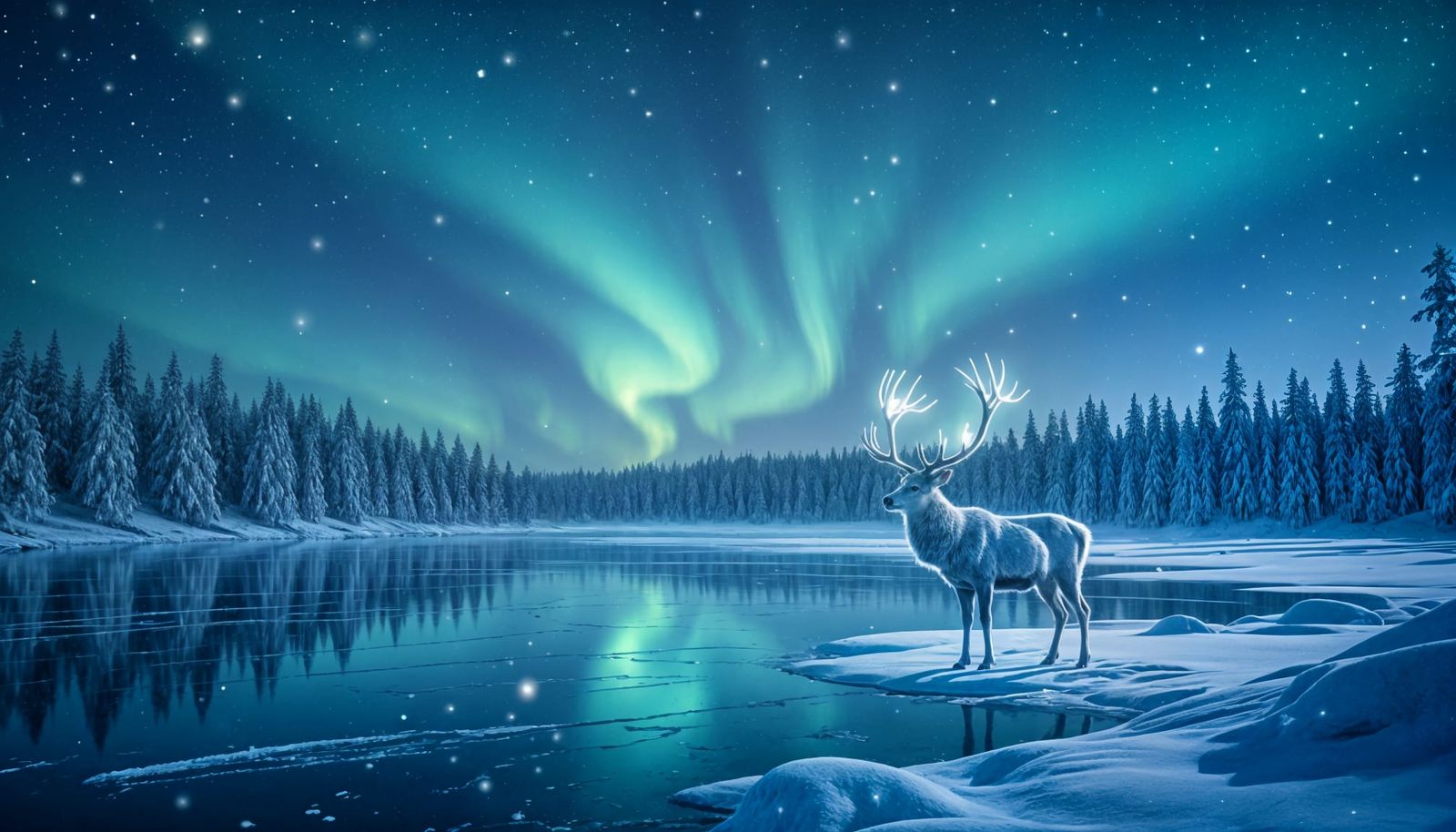 Enchanted Winter Night Aurora Over Frozen Lake