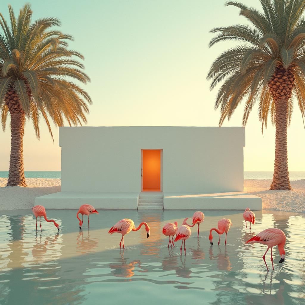 Minimalist Building with Flamingos in Cinematic Style