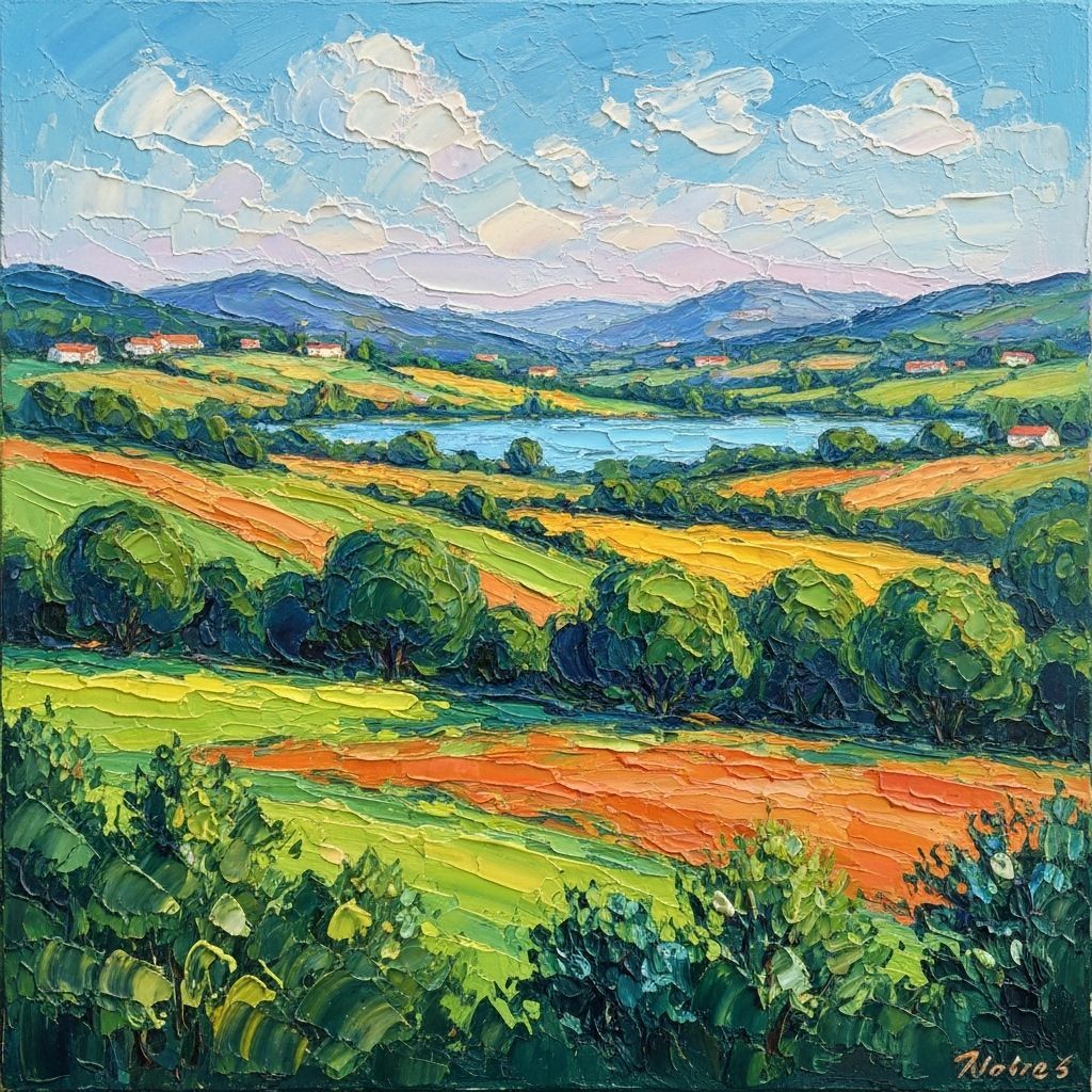 Colorful Impressionistic Landscape with Rolling Hills and La...
