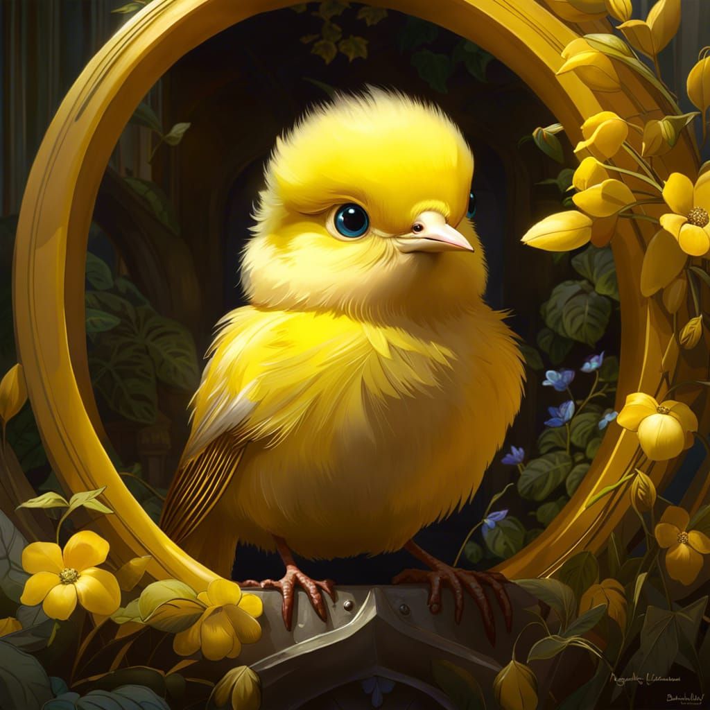 Chibi Yellow Bird in Garden, Detailed 3D Render