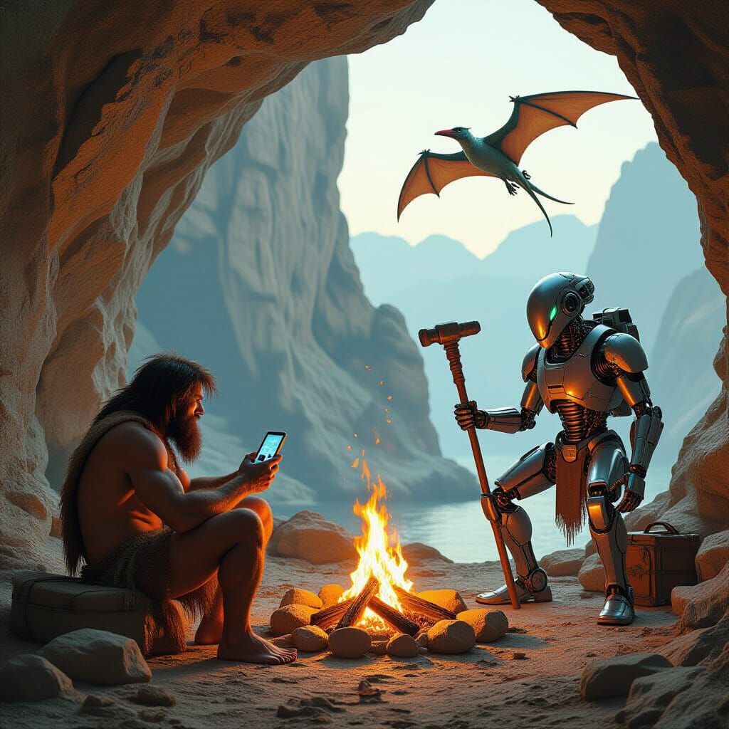 Caveman with Smartphone Meets Futuristic Robot