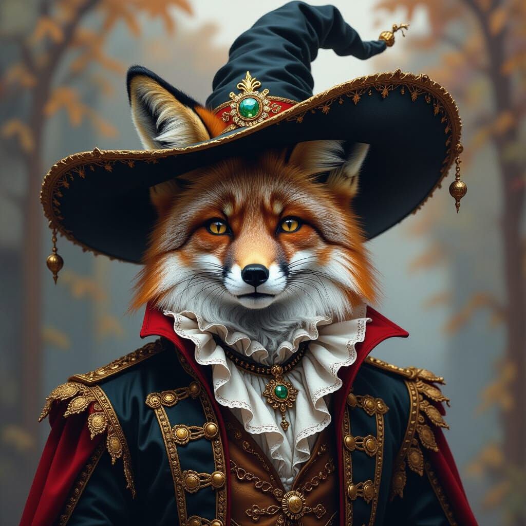 Fox in Musketeer Costume with Witch Hat