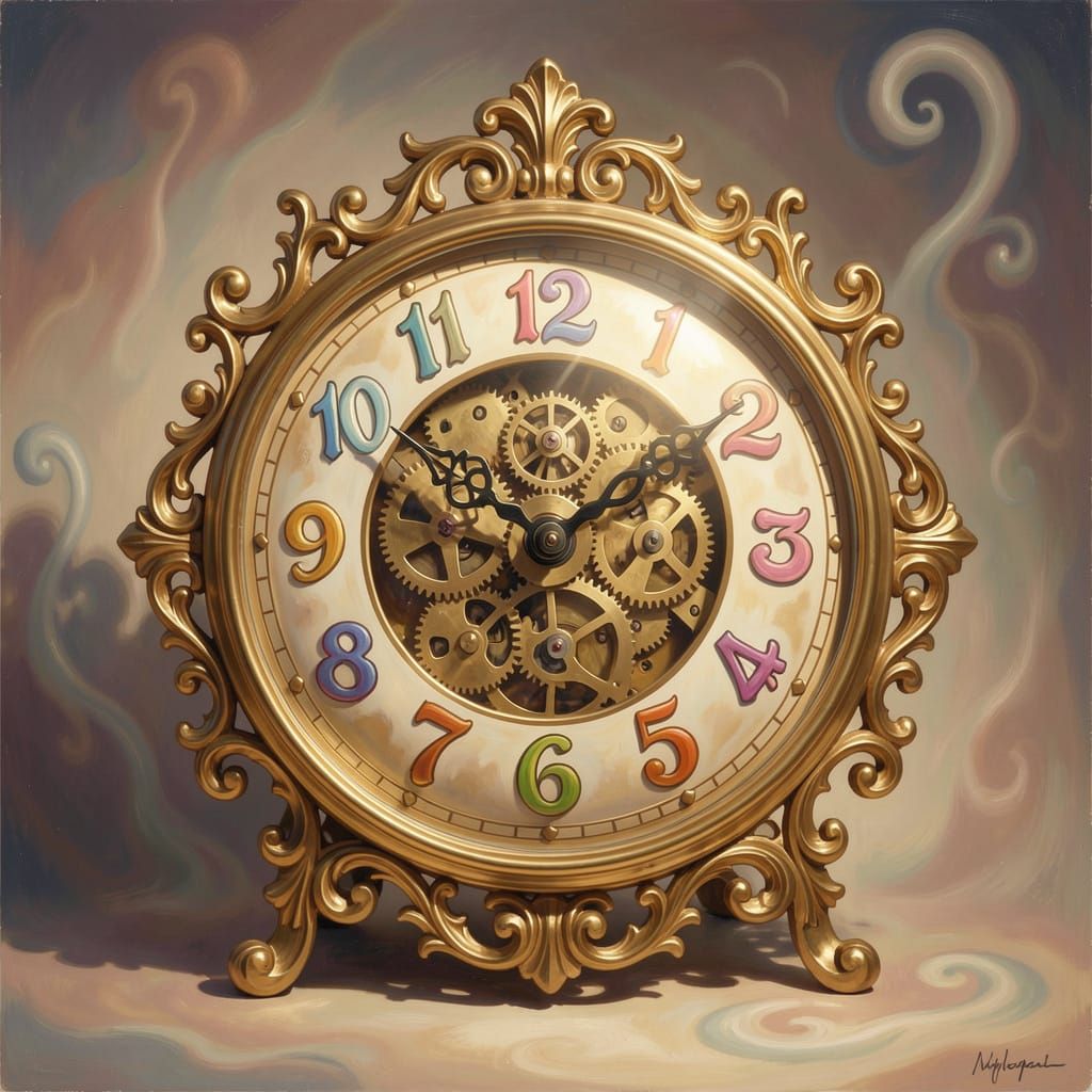 Ornate Brass Clock with Gears in Surrealist Style