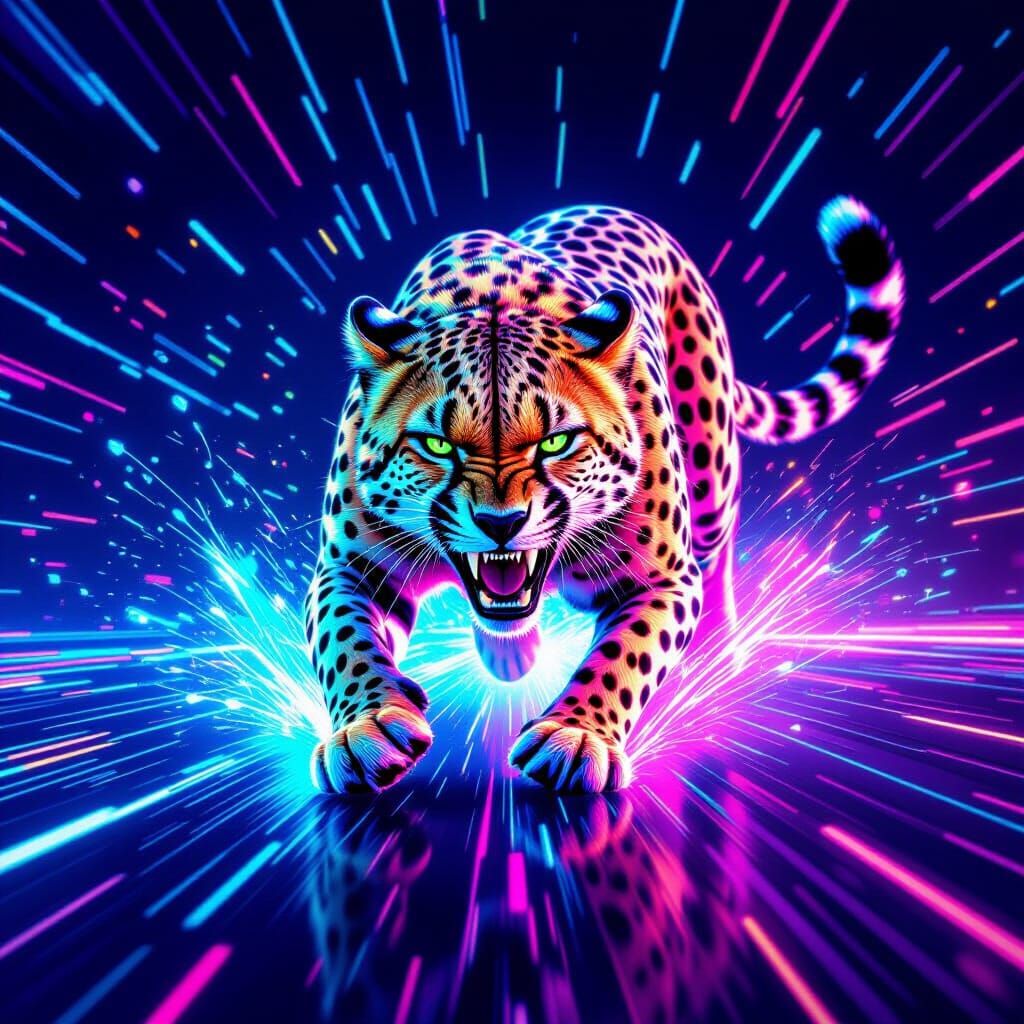 Angry Cheetah Races Across Glowing GPU in Neon Gaming Style