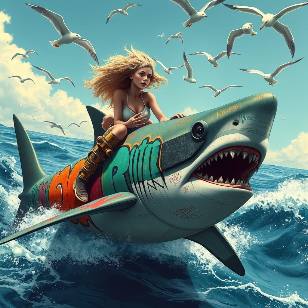 Woman Rides Graffiti Shark in Futuristic Ocean