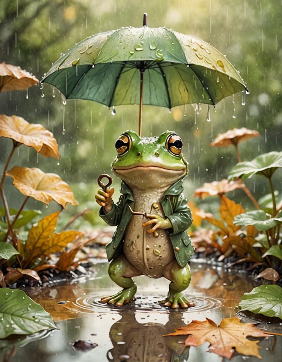 Adorable Frog in Rain, Watercolor Illustration