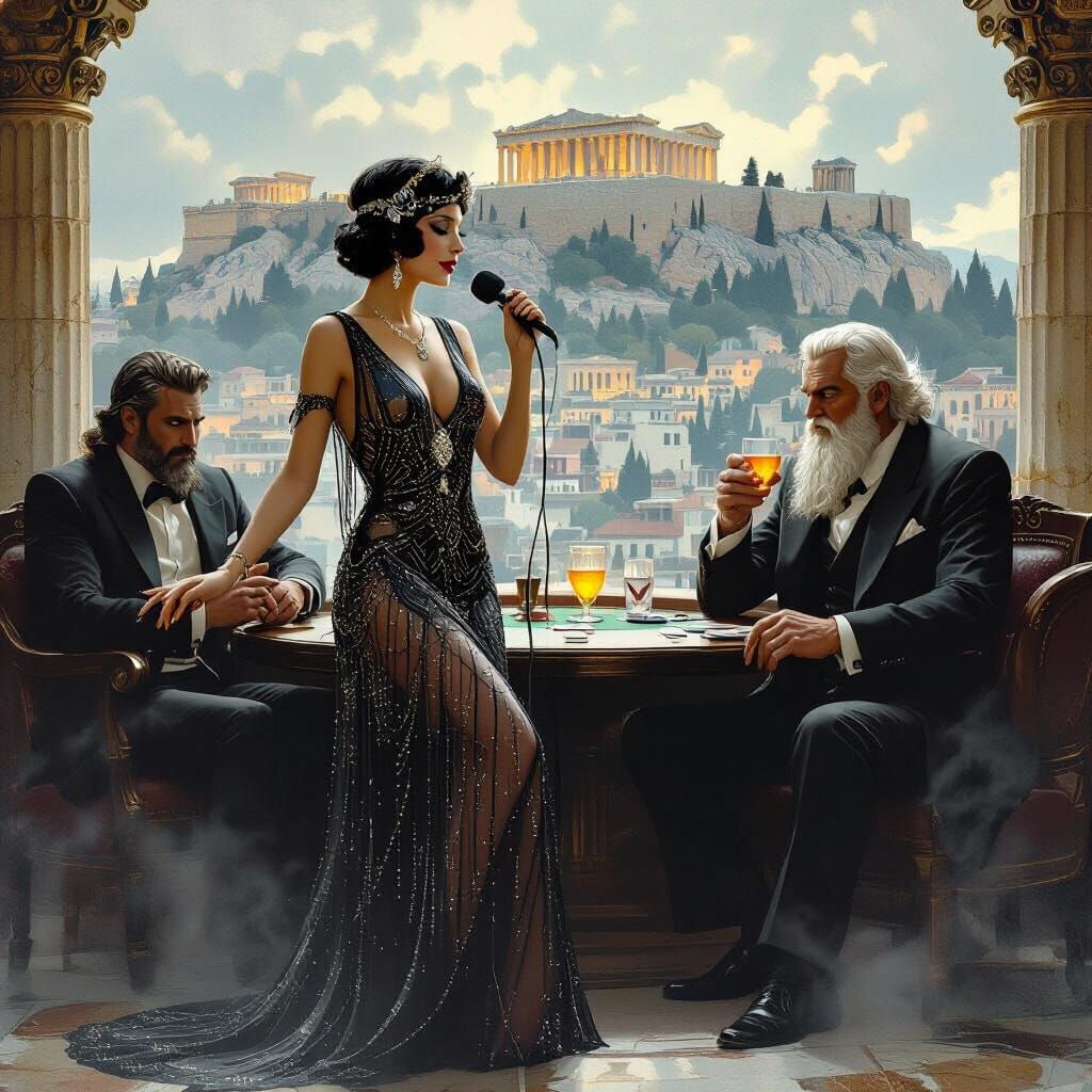 Greek Gods' Clandestine Meeting in Jazz Speakeasy