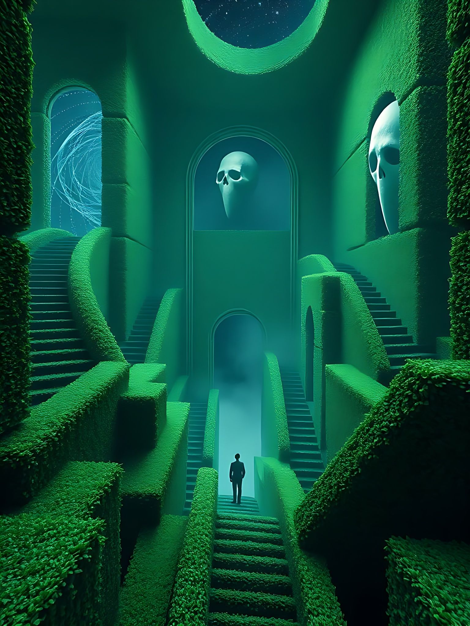 Surreal Haunted Hedge Maze Inspired by Escher