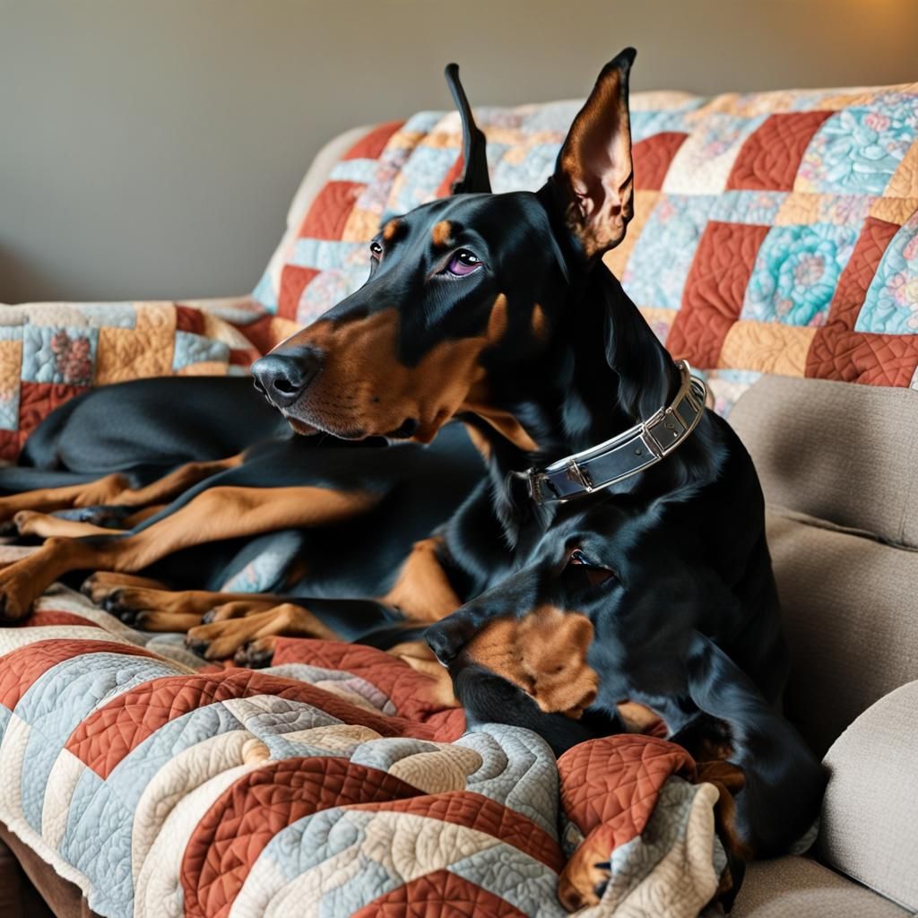 Doberman Chilling Under Quilted Blanket