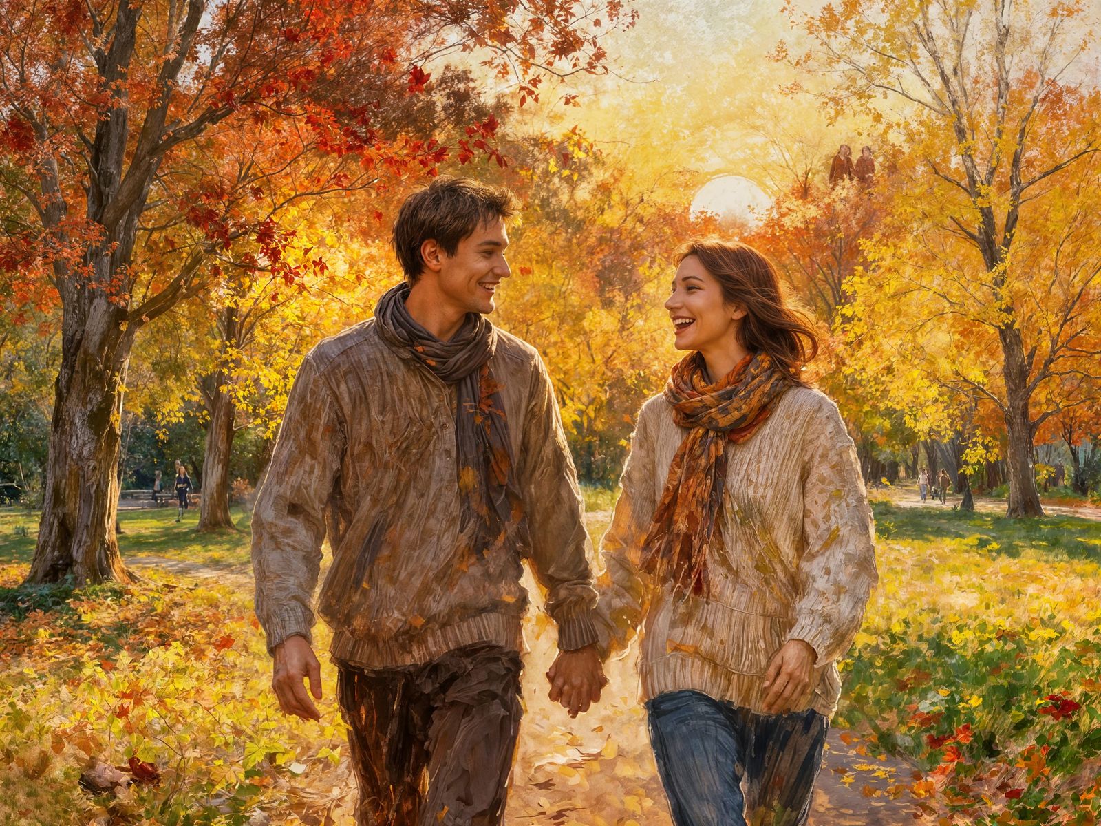 Couple's Autumn Park Stroll in Impressionist Style