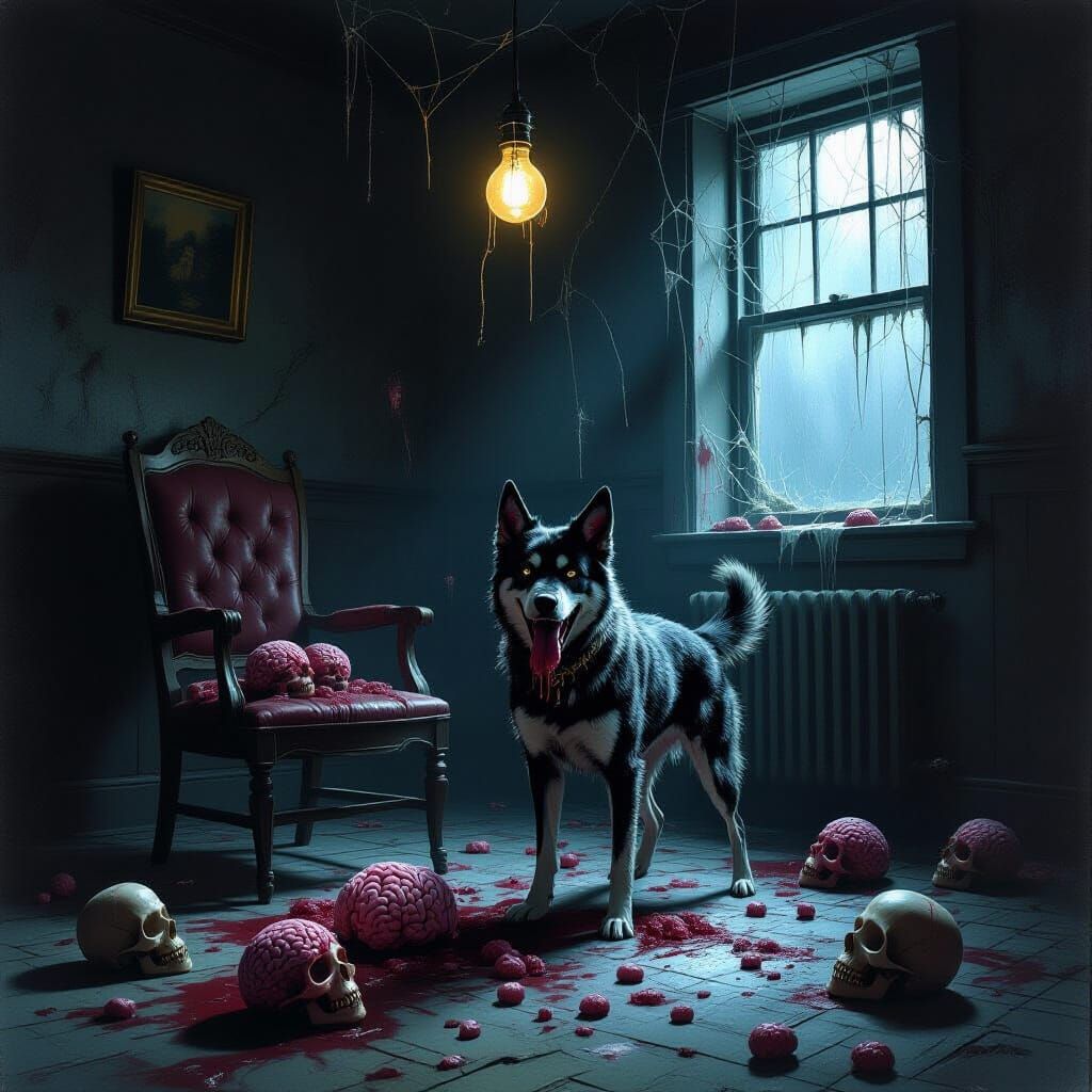 Disturbing Dark Fantasy Scene with Rabid Dog