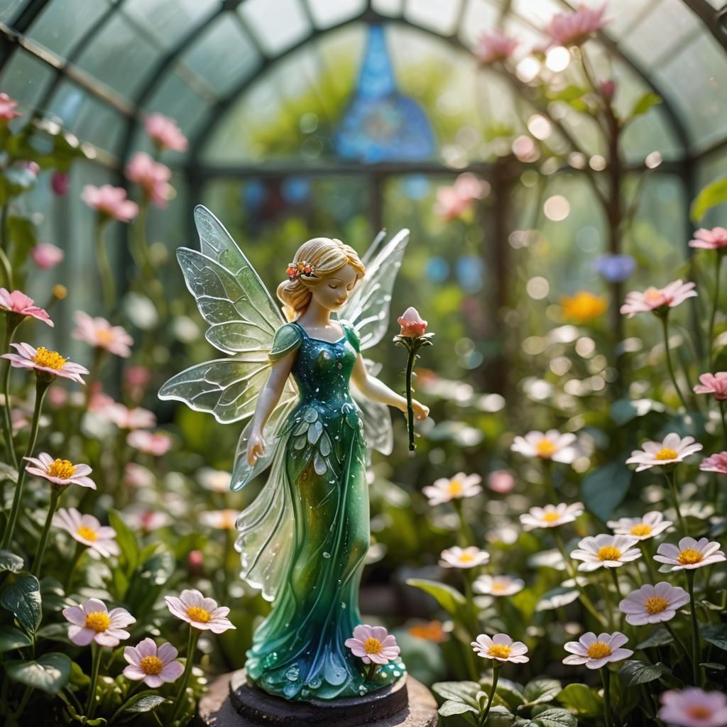Enameled Glass Fairy Figurine in Greenhouse, Macro Shot