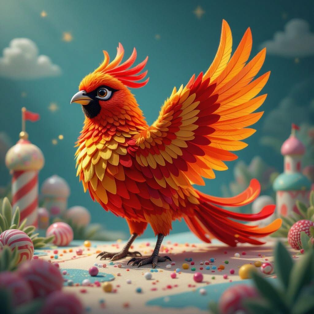 Fiery Phoenix Reborn in a Whimsical Digital Illustration