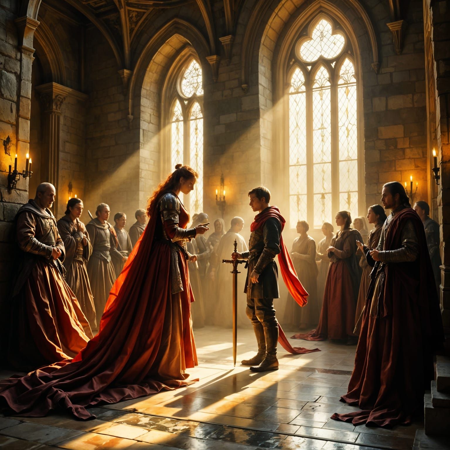 Royal Ceremony in Sunlit Castle with Princess and Knight