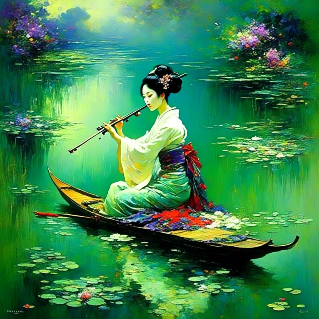 Geisha's Lament in Antique Watercolor Impasto Style