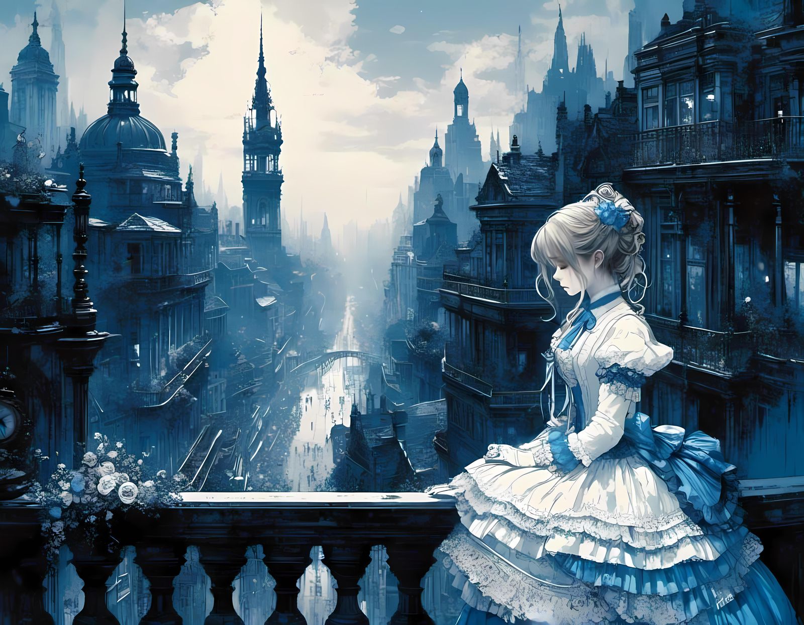 Depressed Girl Crying in Victorian Cityscape