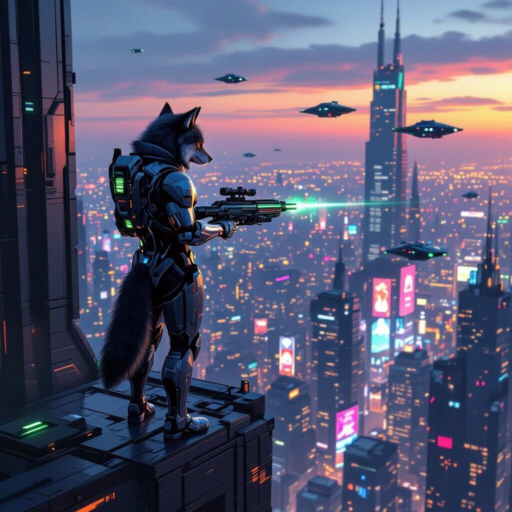 Cybernetic Wolf Overlooks Neon Metropolis